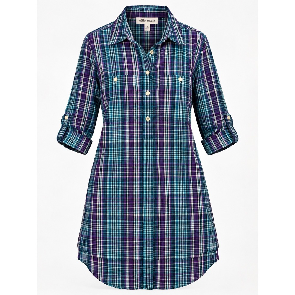Peter Millar Plaid Roll Tab Popover Shirt Dress Purple Teal XL